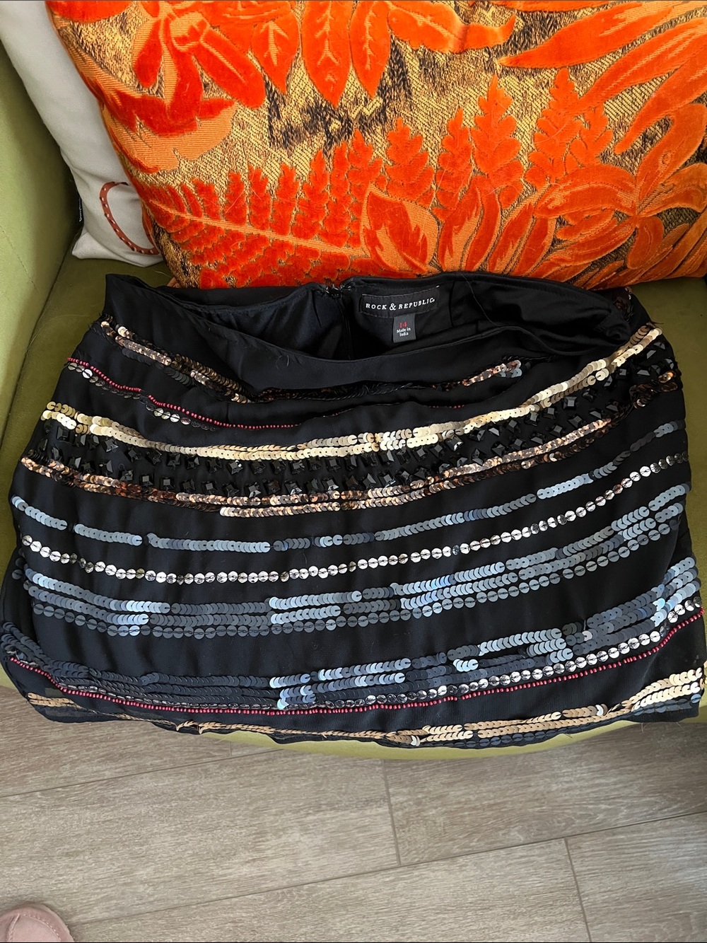 Rock & Republic Black Sequin Stripe Mini Skirt with Metallic Accents
